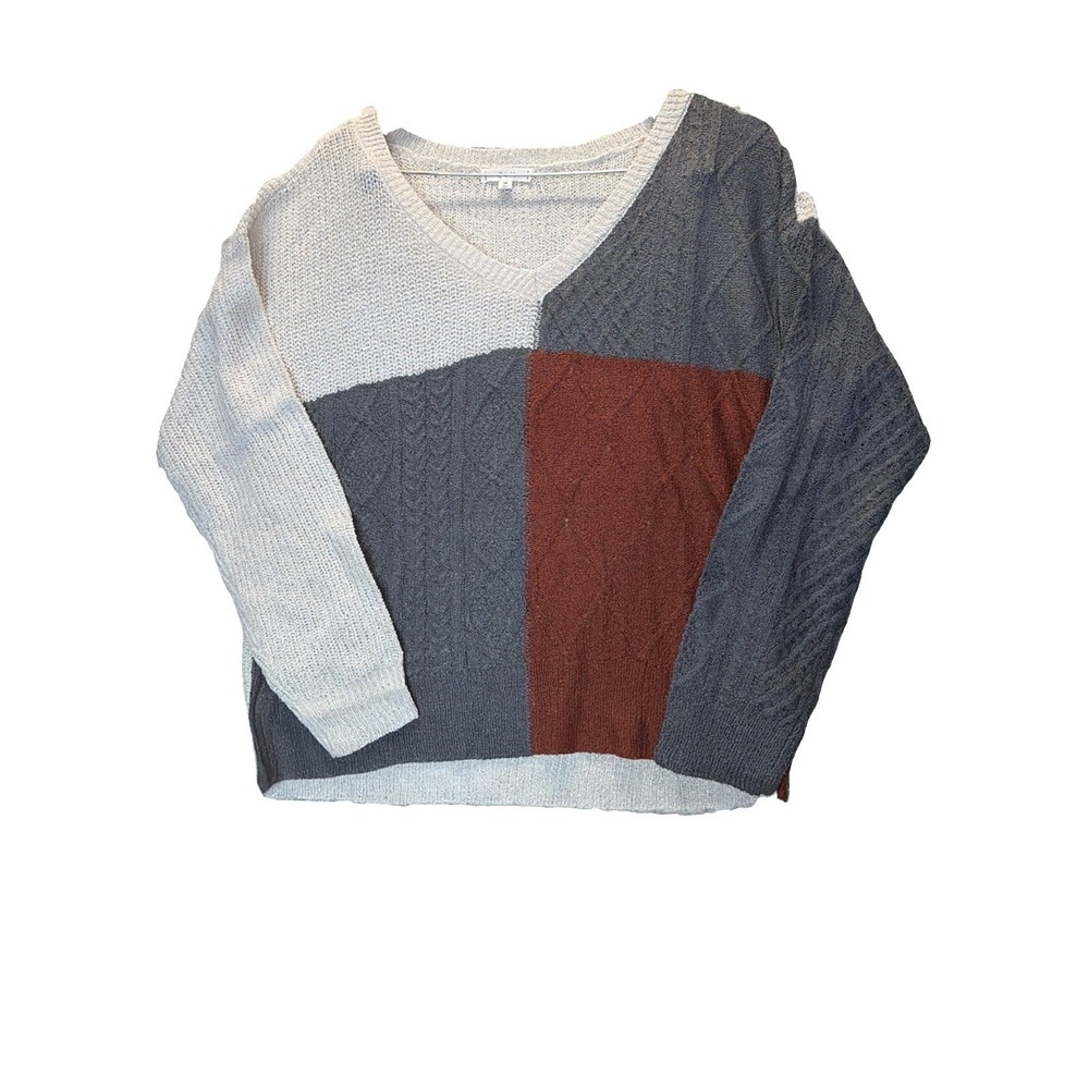 E&M Women's Colorblock Cable Knit V-Neck Sweater Brown Grey Cream Size M